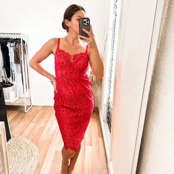 For Love & Lemons Gianna Midi Dress in Red Rust Lace - Picture 4 of 16